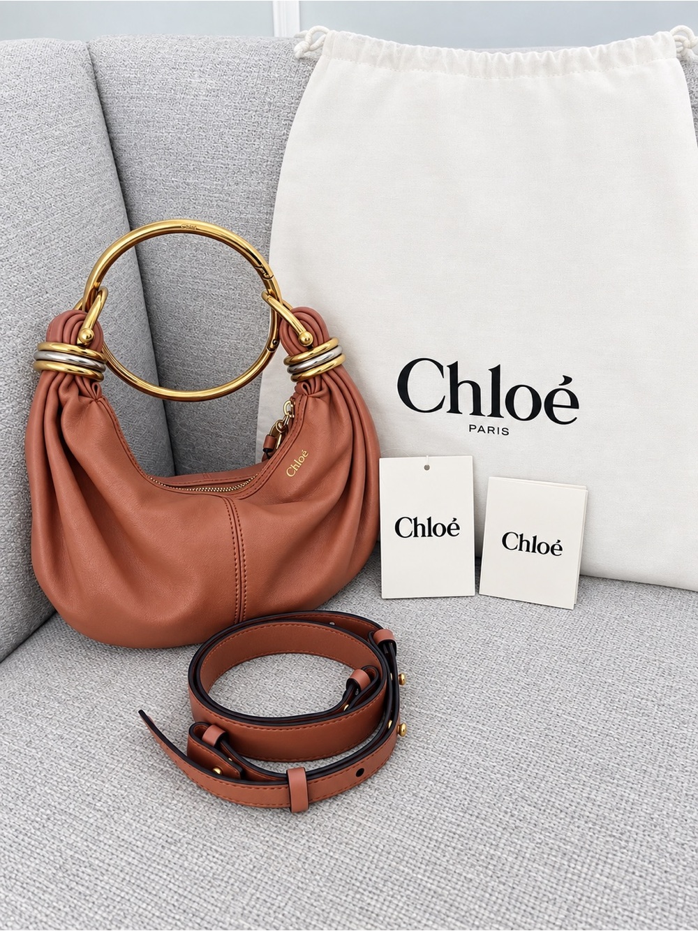 NEW Chloe Mini Bracelet Hobo Bag Grained Leather Wooden Orange